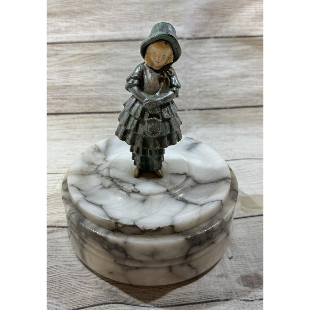 Vintage J.B. Hirsch Art Deco Cast Metal Girl on 5" Marble Trinket Box
